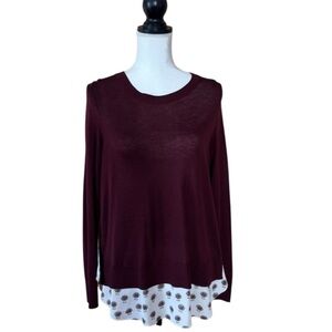 LOFT Mixed Media Sweater Burgundy Knit w Printed Hem Size Medium